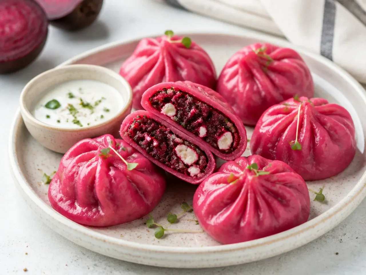 Colorful beetroot and feta momos filling idea in pink