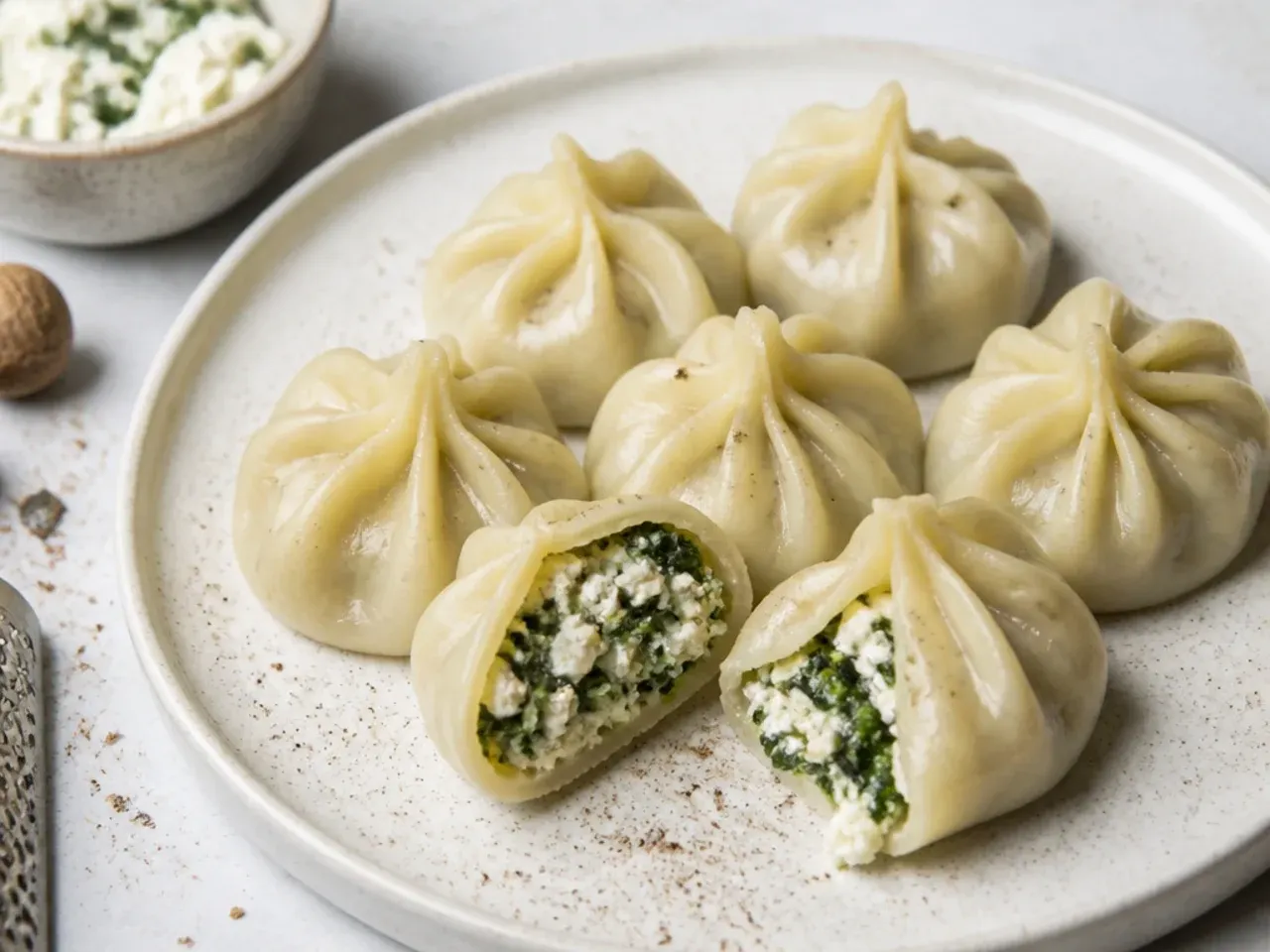 Delicate spinach and ricotta momos filling idea with nutmeg