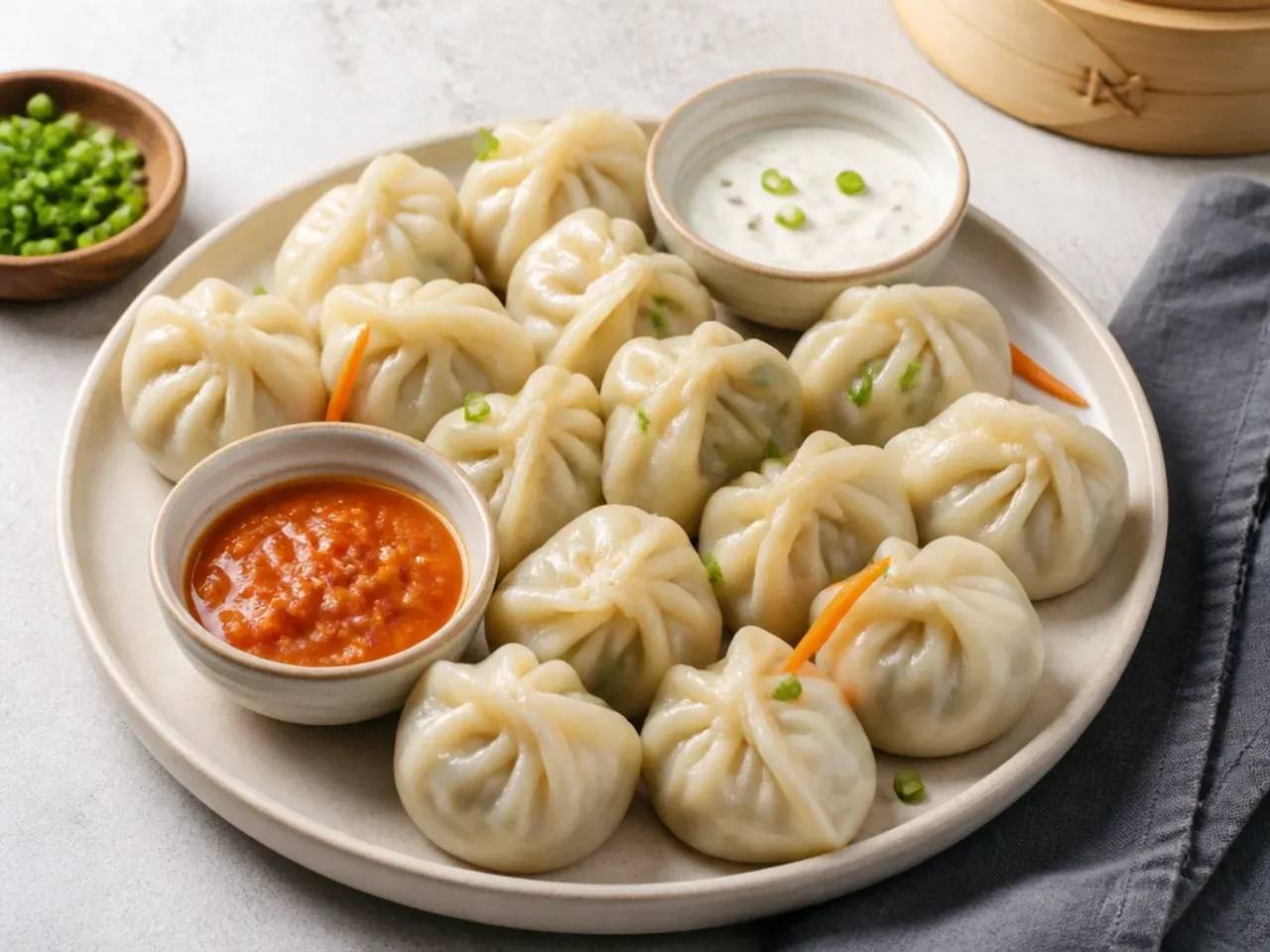 Momos serving suggestion platter with dipping sauces and chutneys