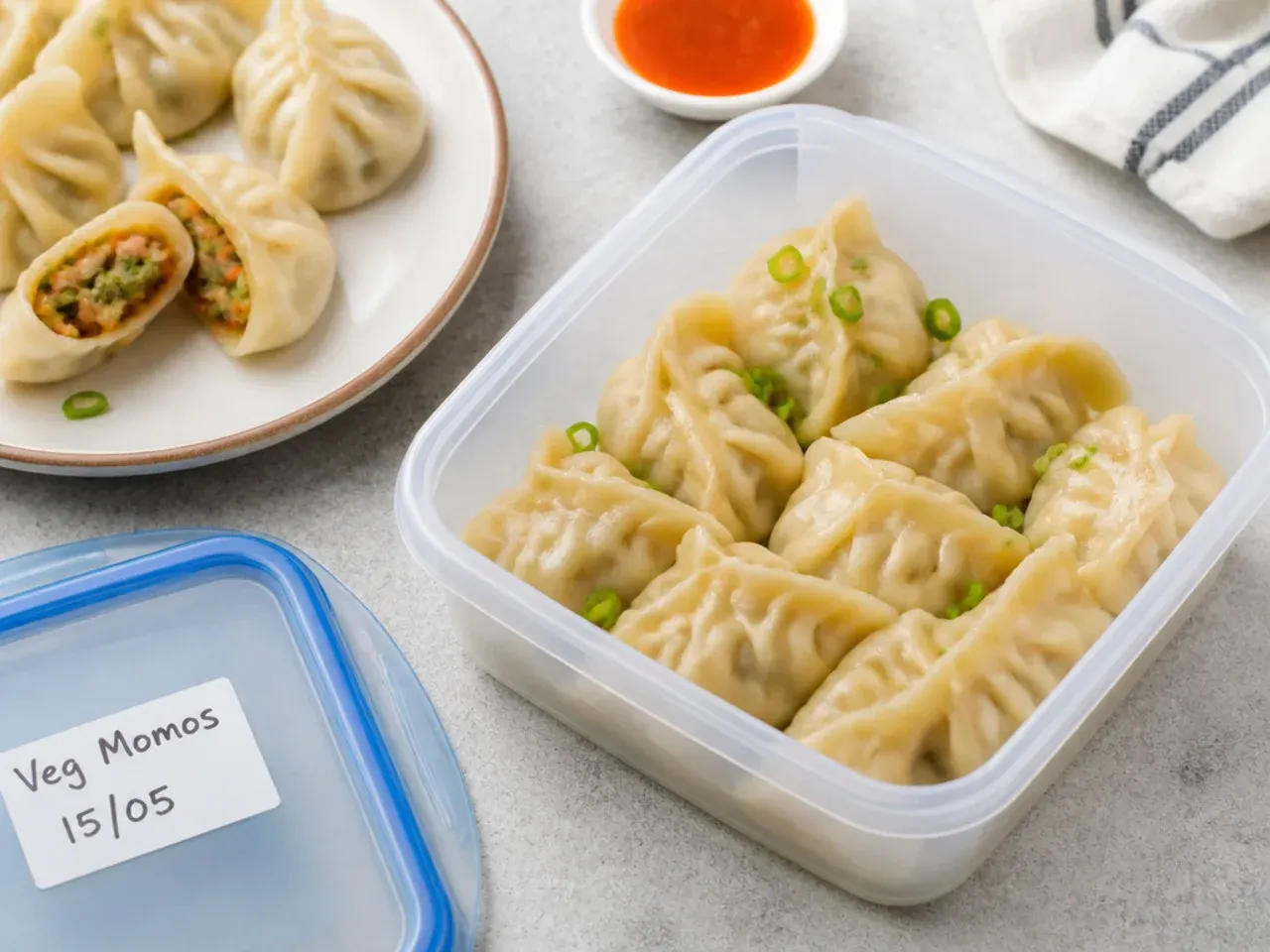 Storing and reheating steamed momos with various fillings