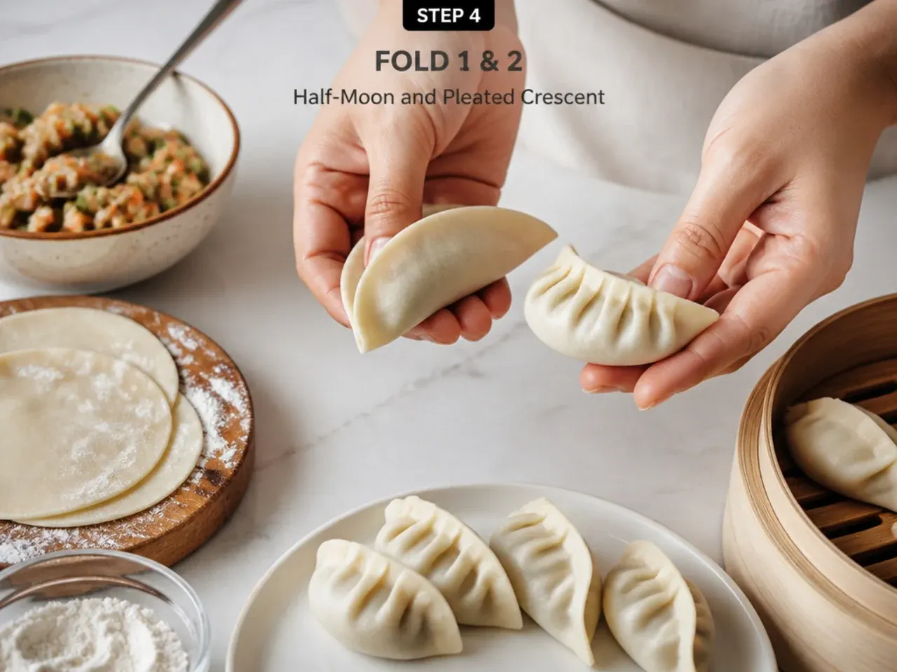momos folding — step 4: fold 1 & 2 — half-moon and pleated crescent