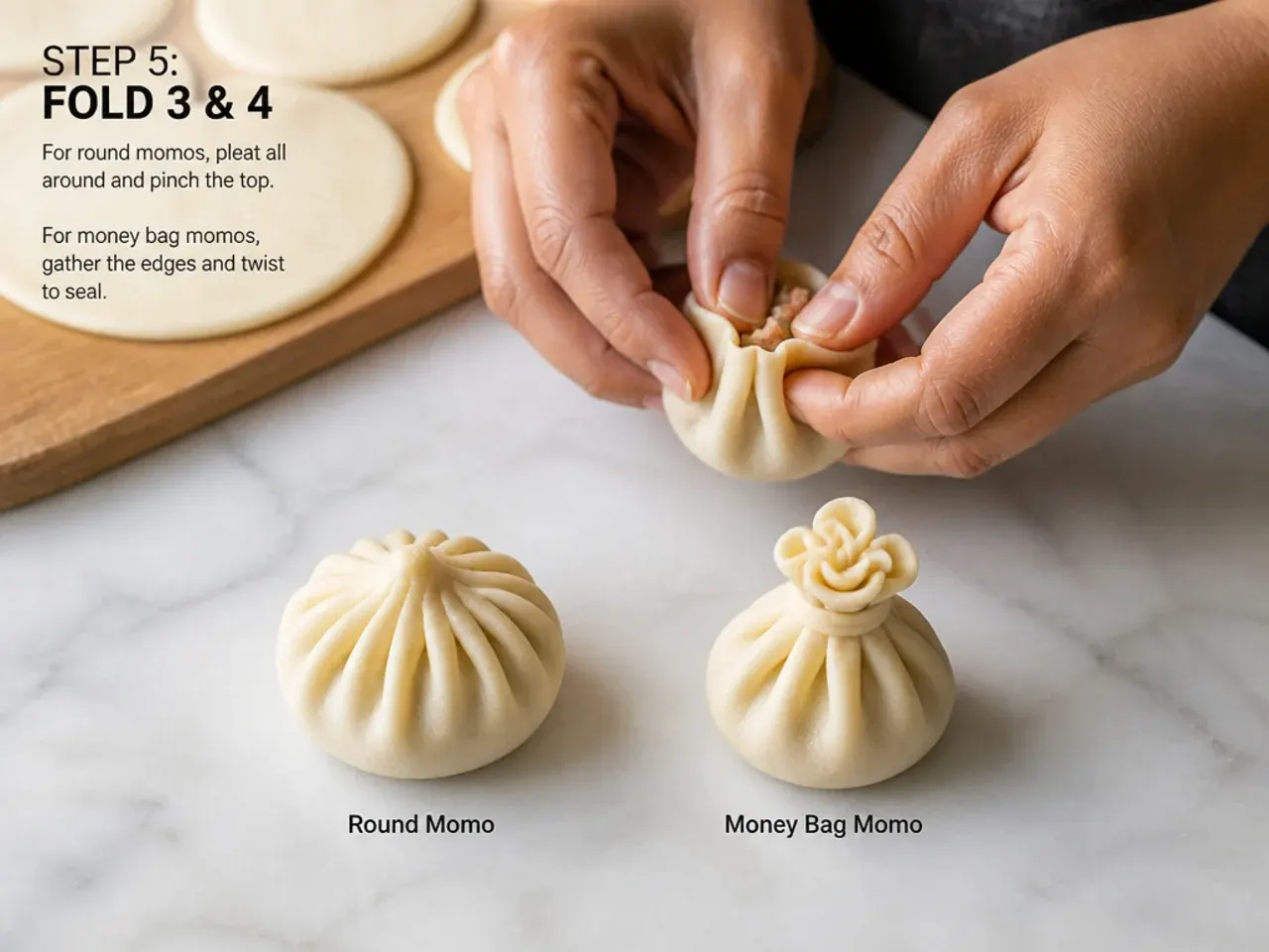 momos folding — step 5: fold 3 & 4 — classic round and money bag