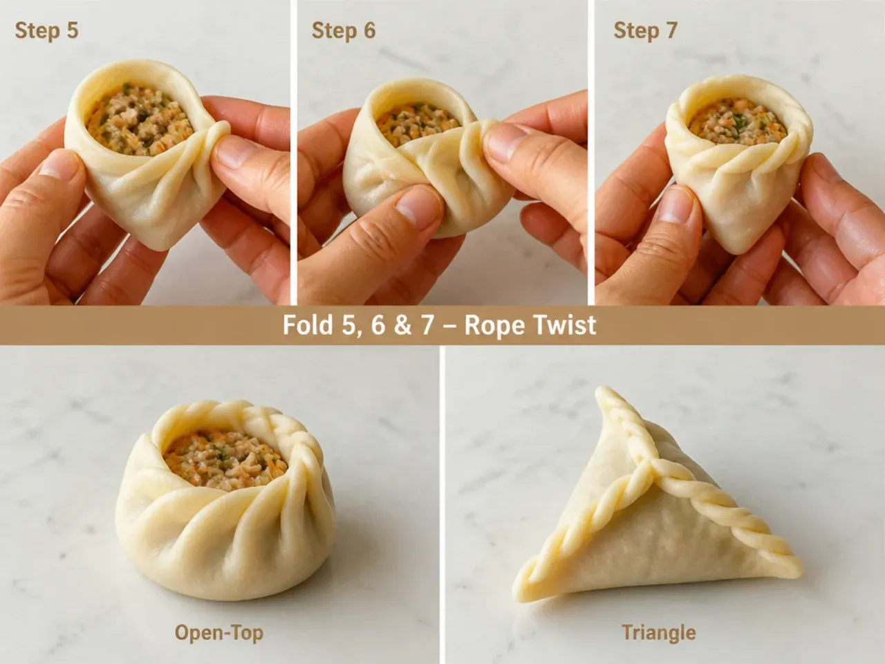 momos folding — step 6: fold 5, 6 & 7 — rope twist, open-top and triangle