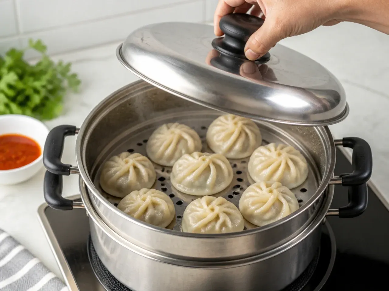 momos folding — step 7: steam and serve