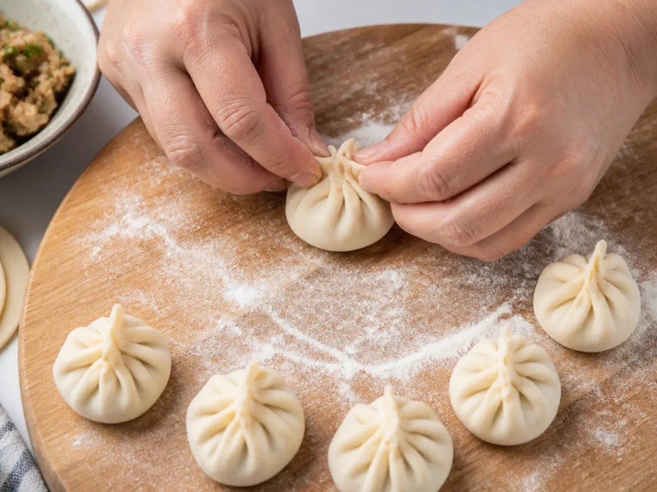 Hands demonstrating momos folding techniques with pleated wrappers on a floured board