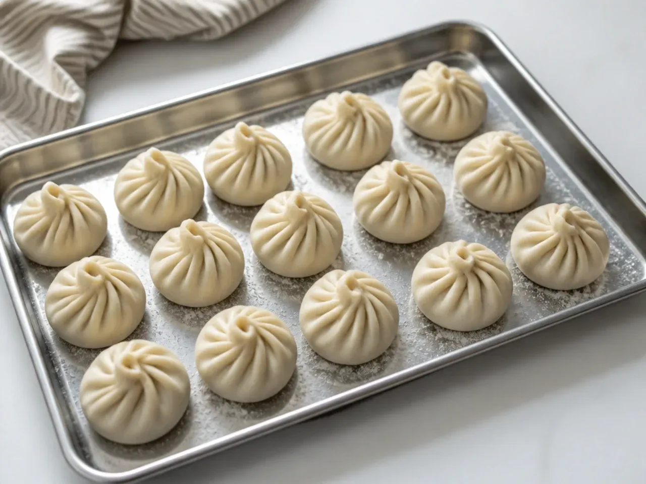 Freshly folded momos arranged on a tray ready for freezing and make-ahead storage