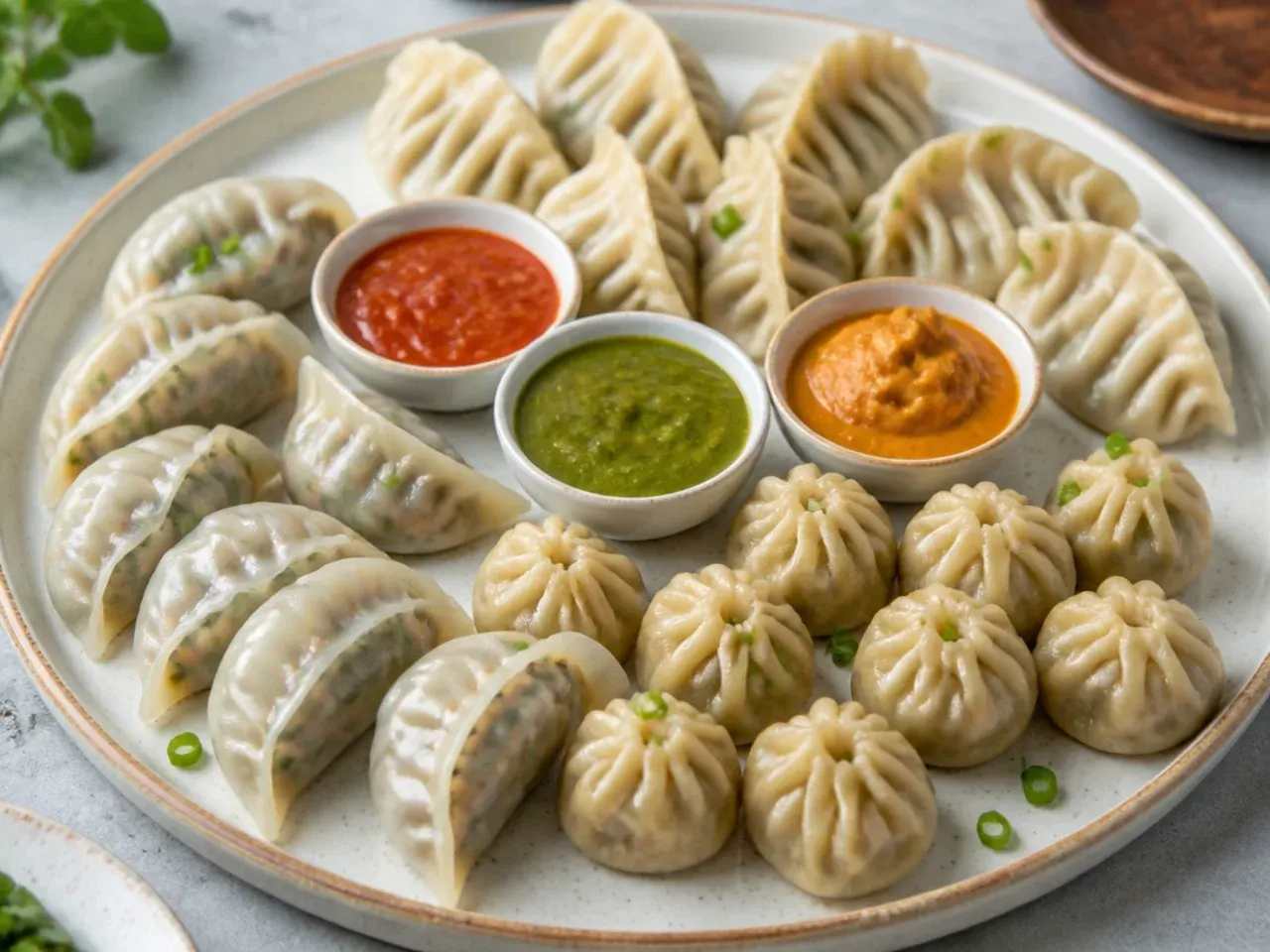Platter of assorted steamed momos for a party with three dipping chutneys