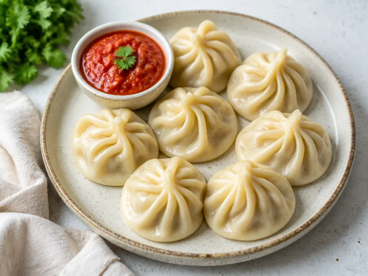 Classic steamed chicken momos for party served with red tomato achar chutney