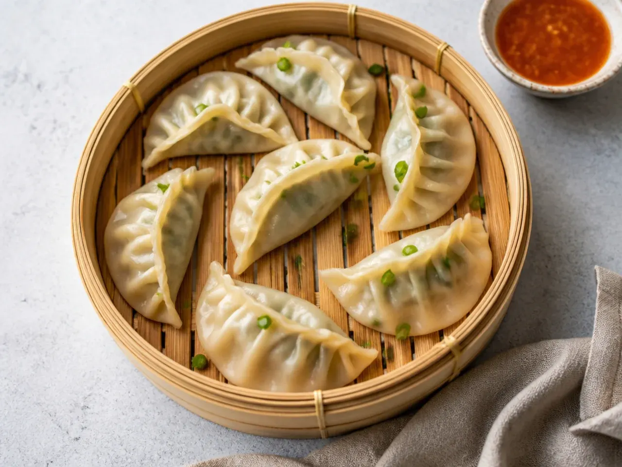 Easy half-moon party momos made with store-bought gyoza wrappers on a bamboo tray