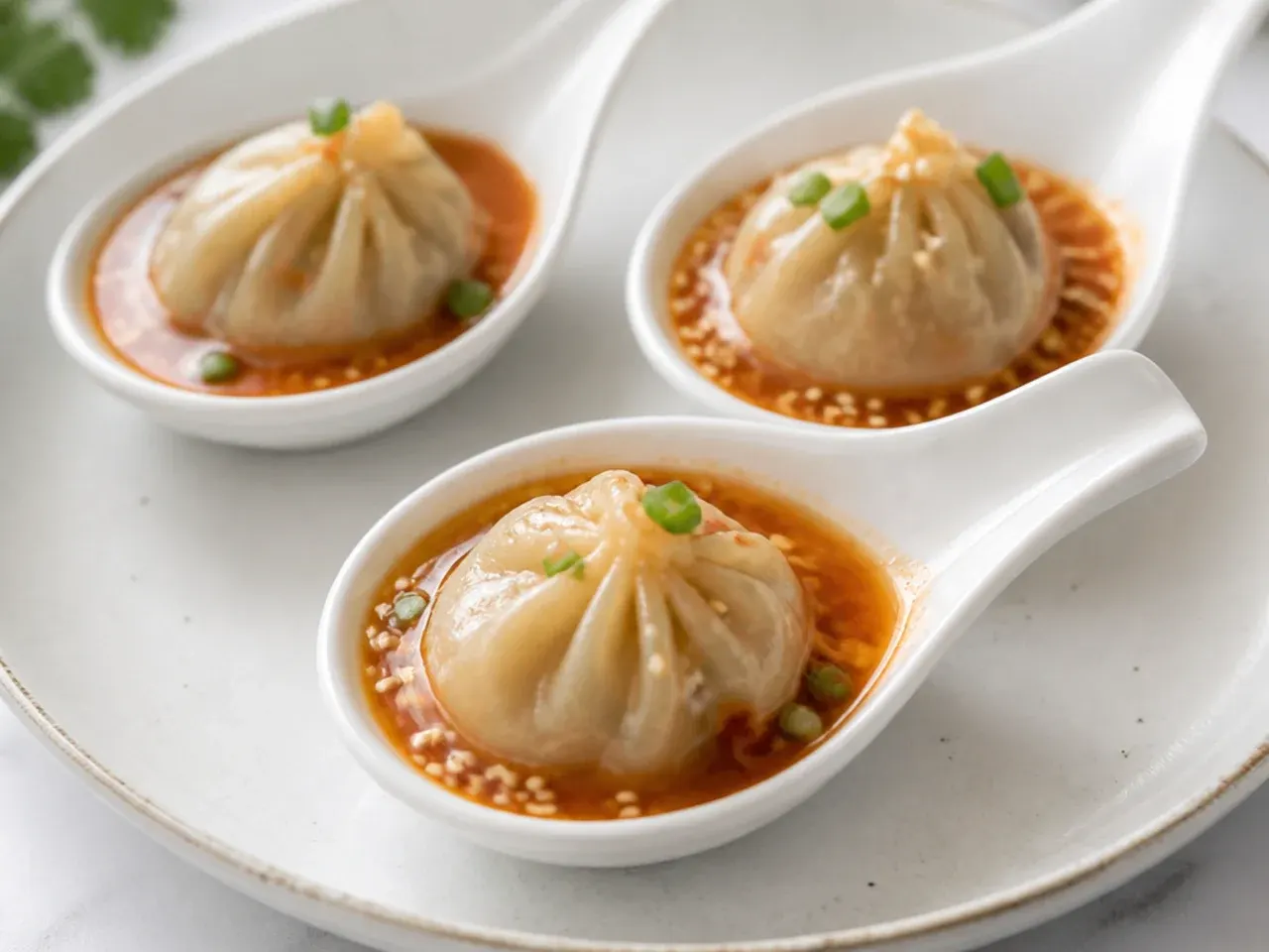 Elegant jhol momos for party served individually in ceramic soup spoons with sesame tomato broth