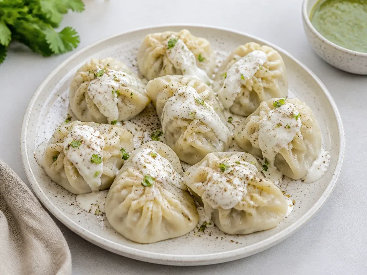 Creamy white Afghani malai momos for a party garnished with cream and chaat masala