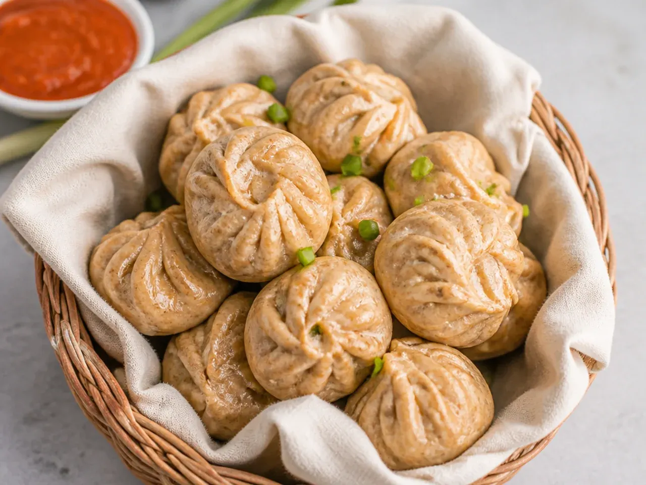 Rustic whole wheat vegetable momos for party guests in a cloth-lined basket
