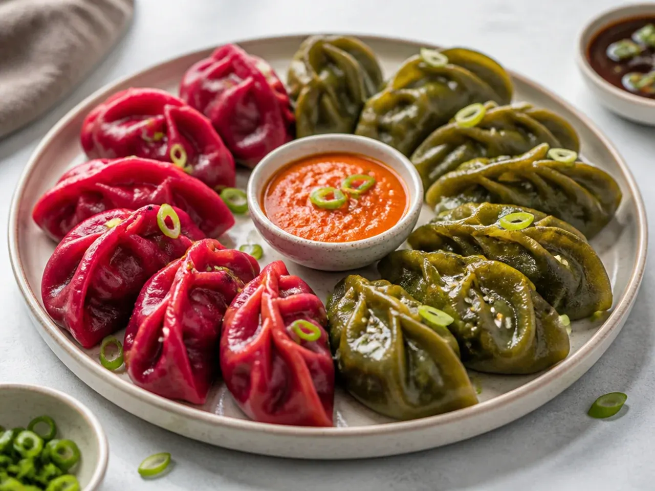 Colorful pink beetroot and green spinach momos arranged for a party platter