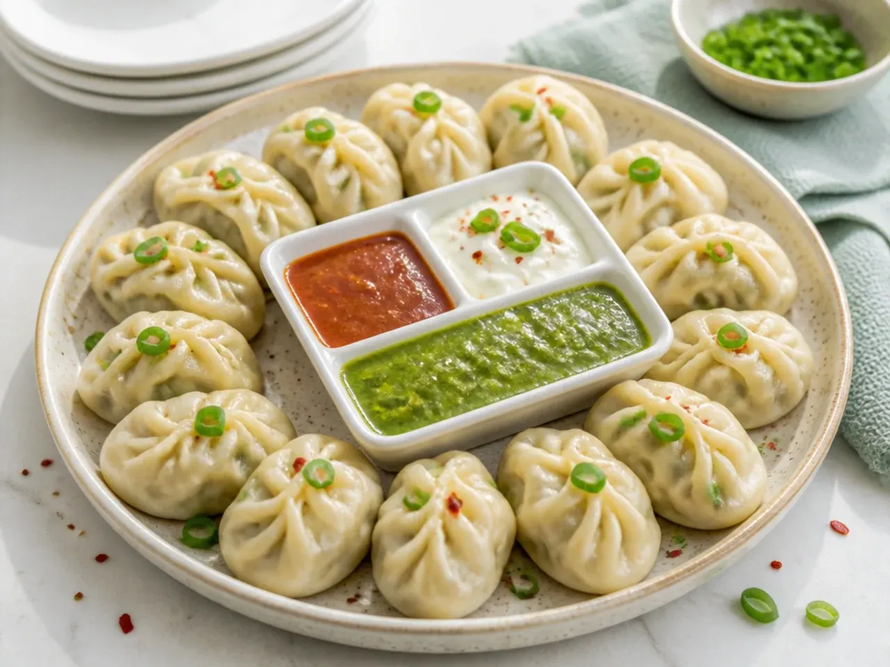 Festive party momo platter with red, green and white chutney flight in the center