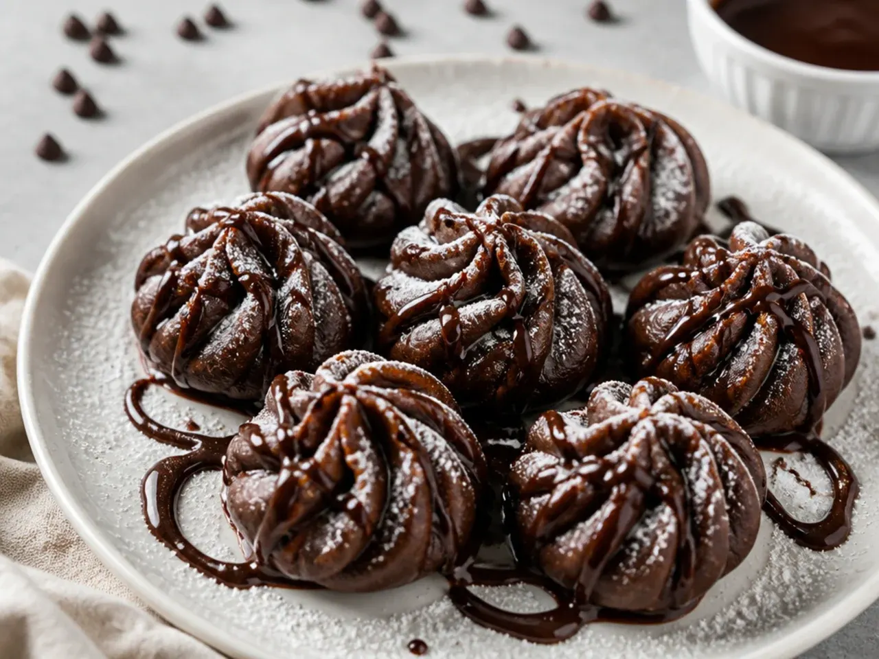 Chocolate dessert momos for party dusted with icing sugar and drizzled with ganache
