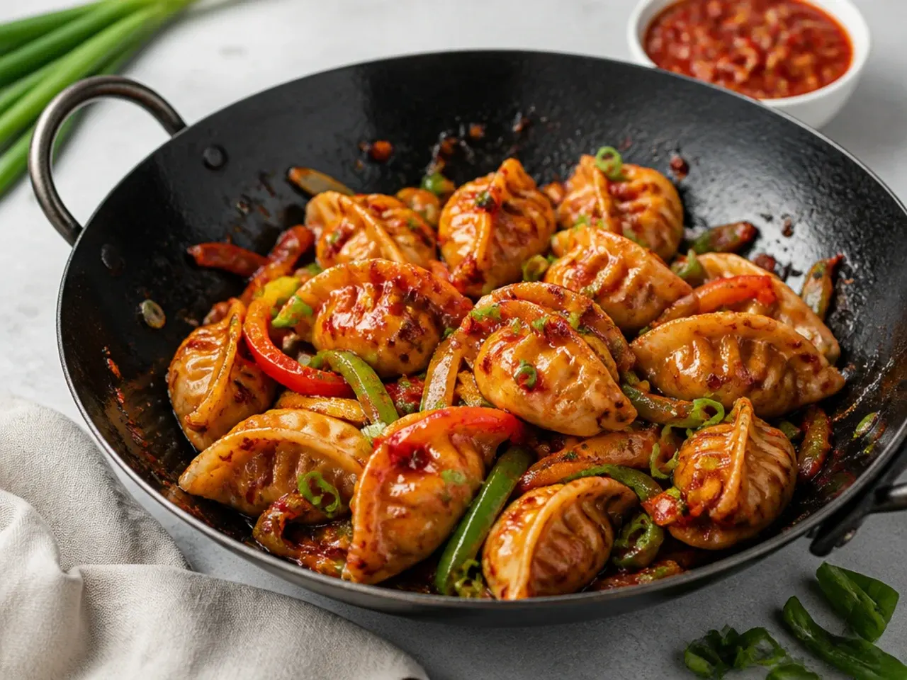 Bold red schezwan chilli momos for party tossed in a wok with peppers and spring onion