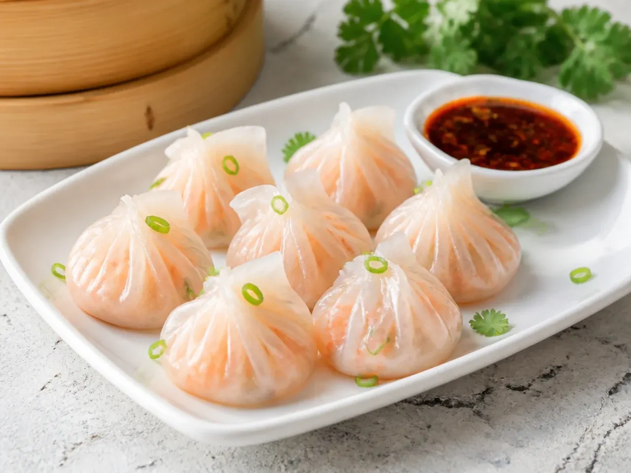 Delicate thin-wrapper prawn momos for a party showing pink filling through the dough