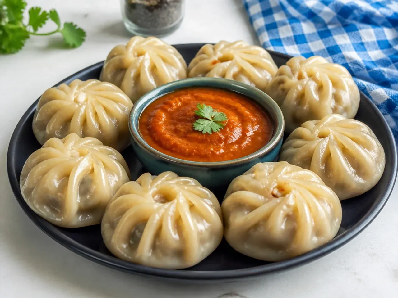 Traditional round Tibetan beef momos for party guests served with sepen hot sauce