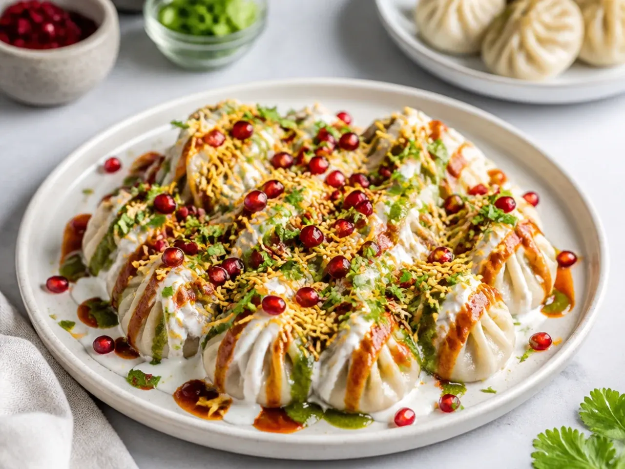 Loaded momo chaat platter for a party topped with yogurt, chutneys, sev and pomegranate