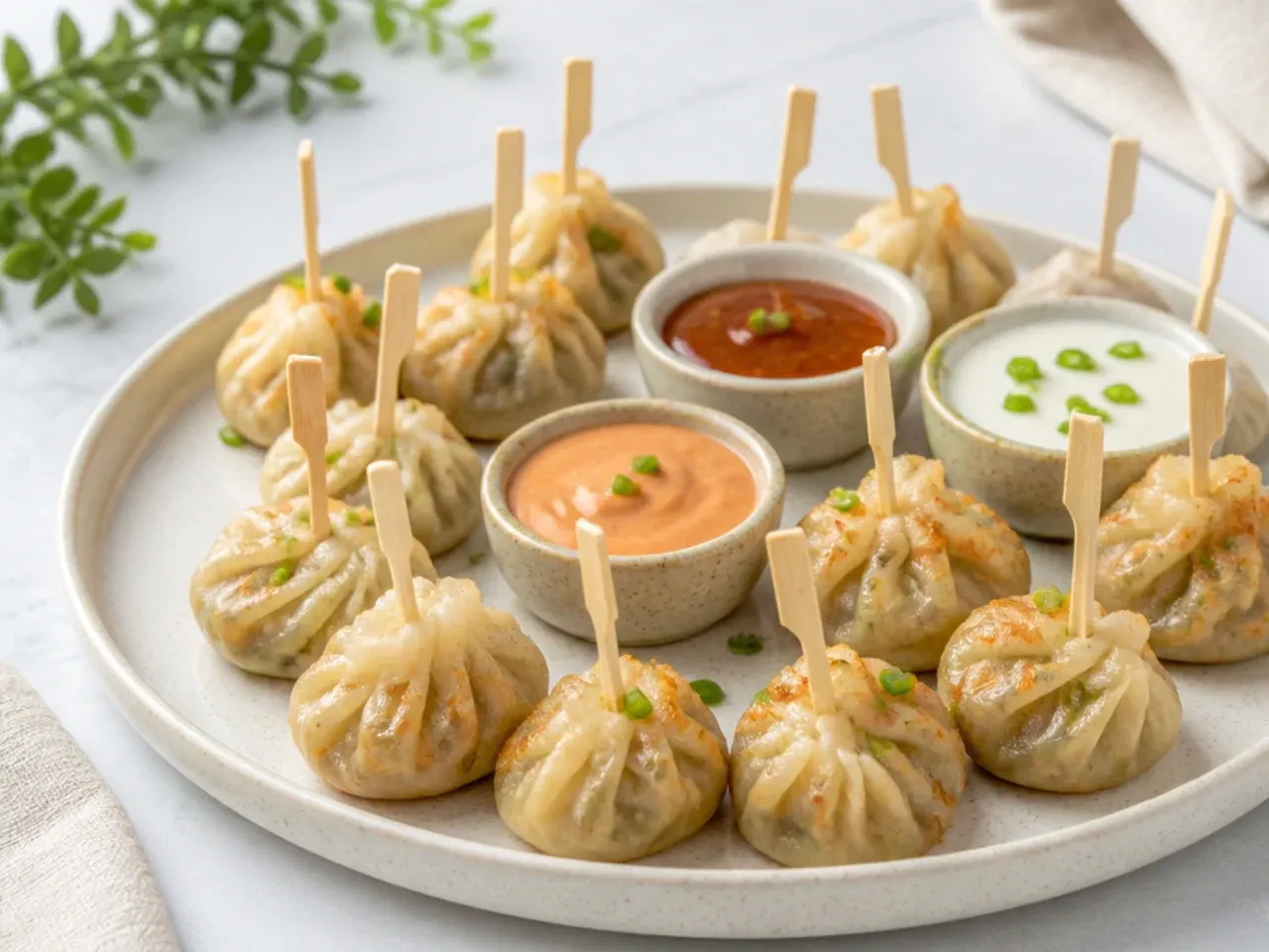 Mini cocktail-size momos for party trays served on picks with individual dip cups