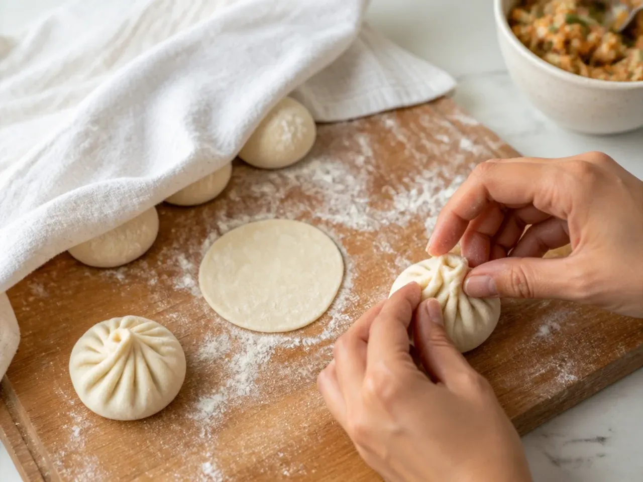 Hands pleating homemade momos for party prep on a floured board under a damp towel