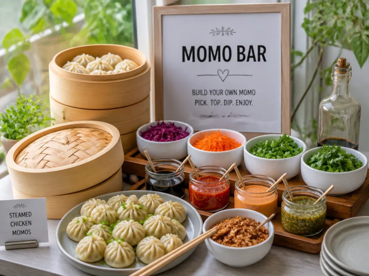 Party momo bar setup with stacked bamboo steamers, chutneys and toppings for guests