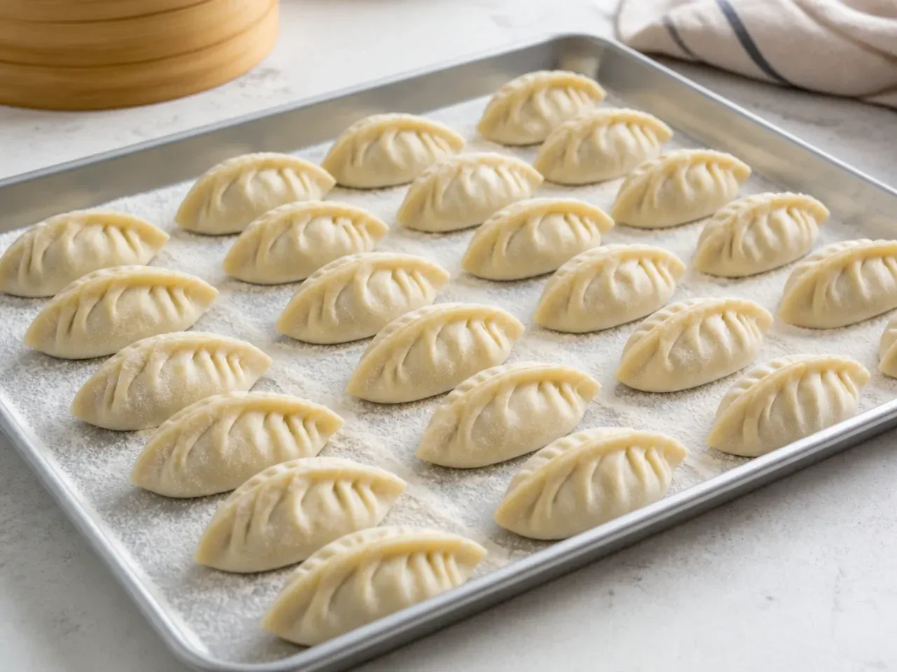 Frozen uncooked party momos arranged in a single layer on a tray for freezing