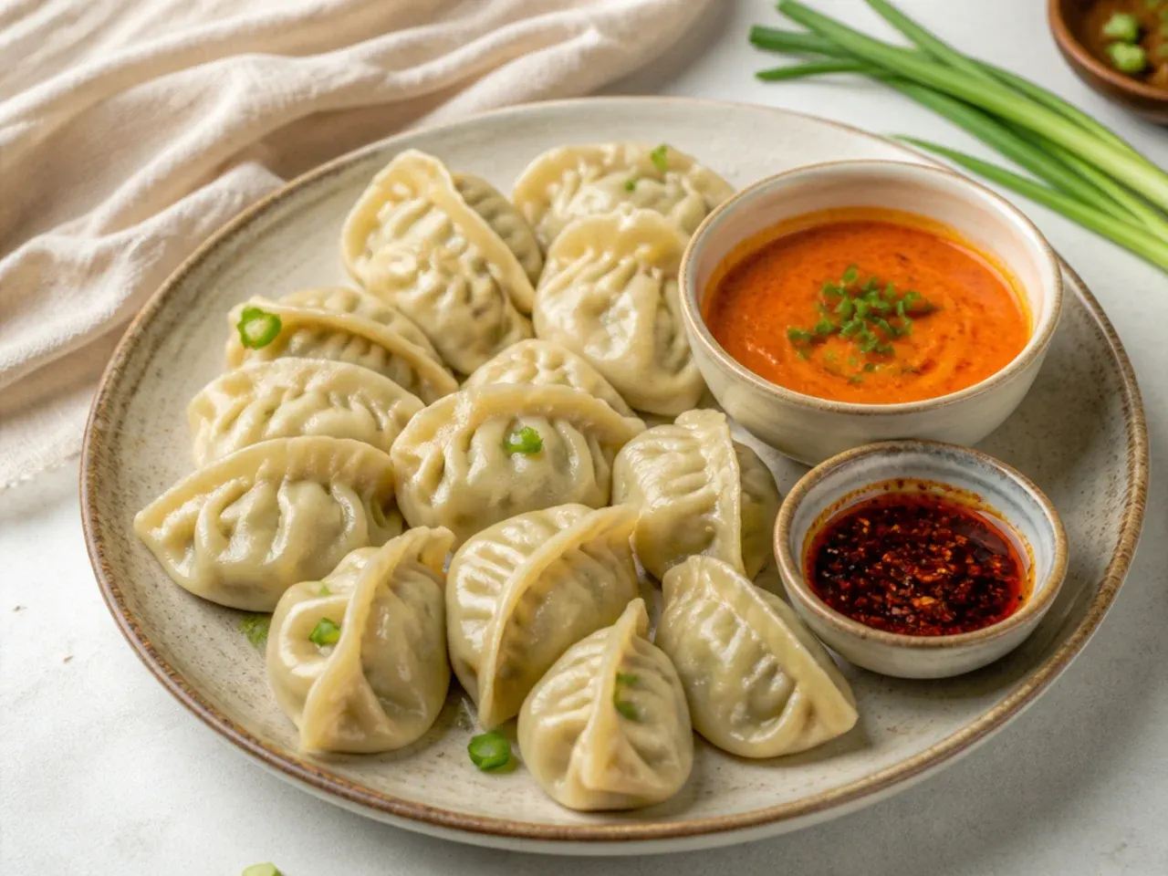 Platter of easy homemade momos with dipping chutney and chilli oil