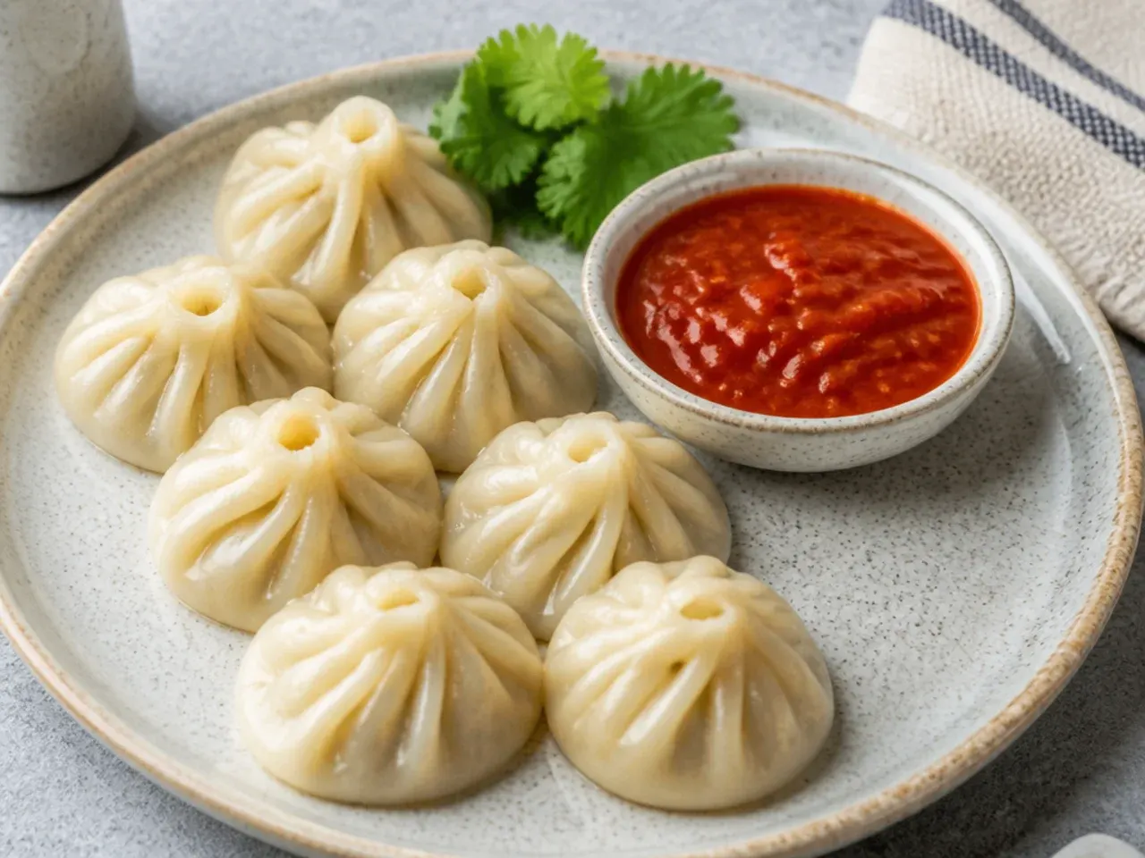 Classic steamed vegetable momos easy recipe served with tomato chutney