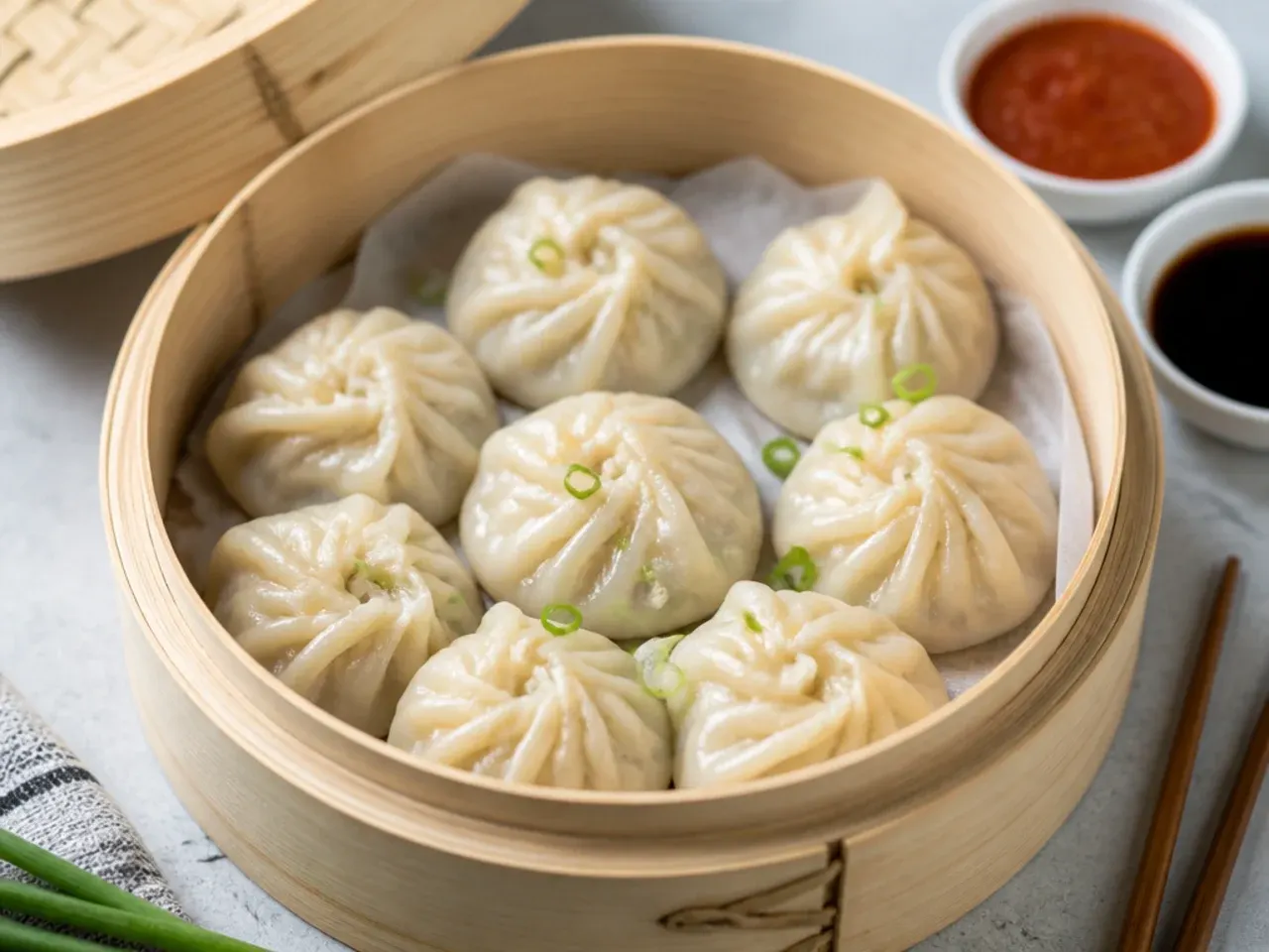 Juicy chicken momos steaming in a bamboo basket