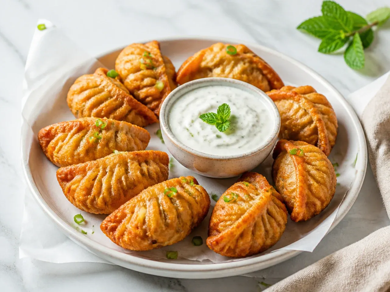Crispy deep-fried momos with mint yogurt dip