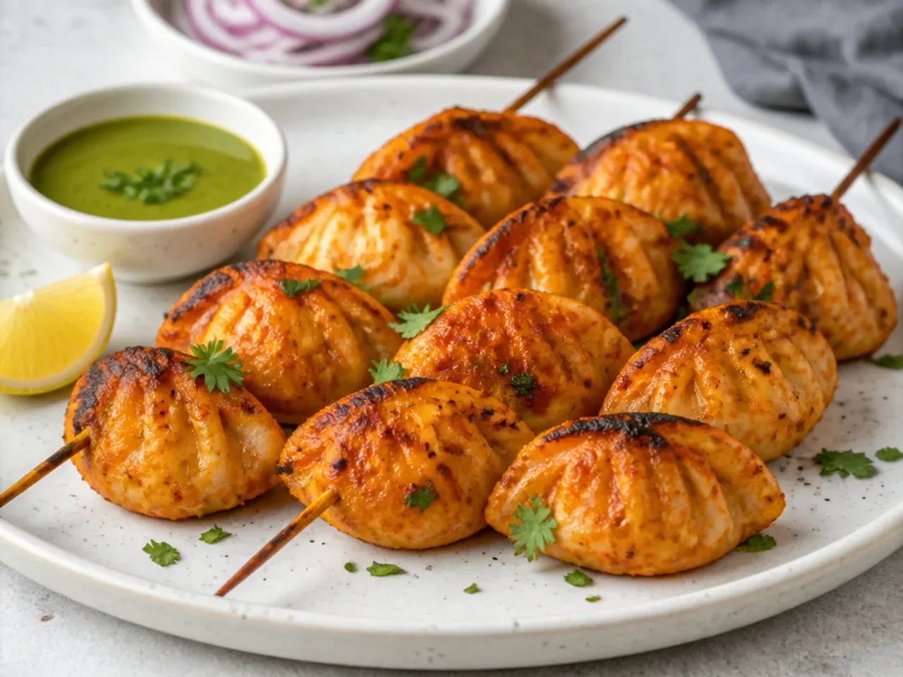 Tandoori momos with charred yogurt marinade on skewers