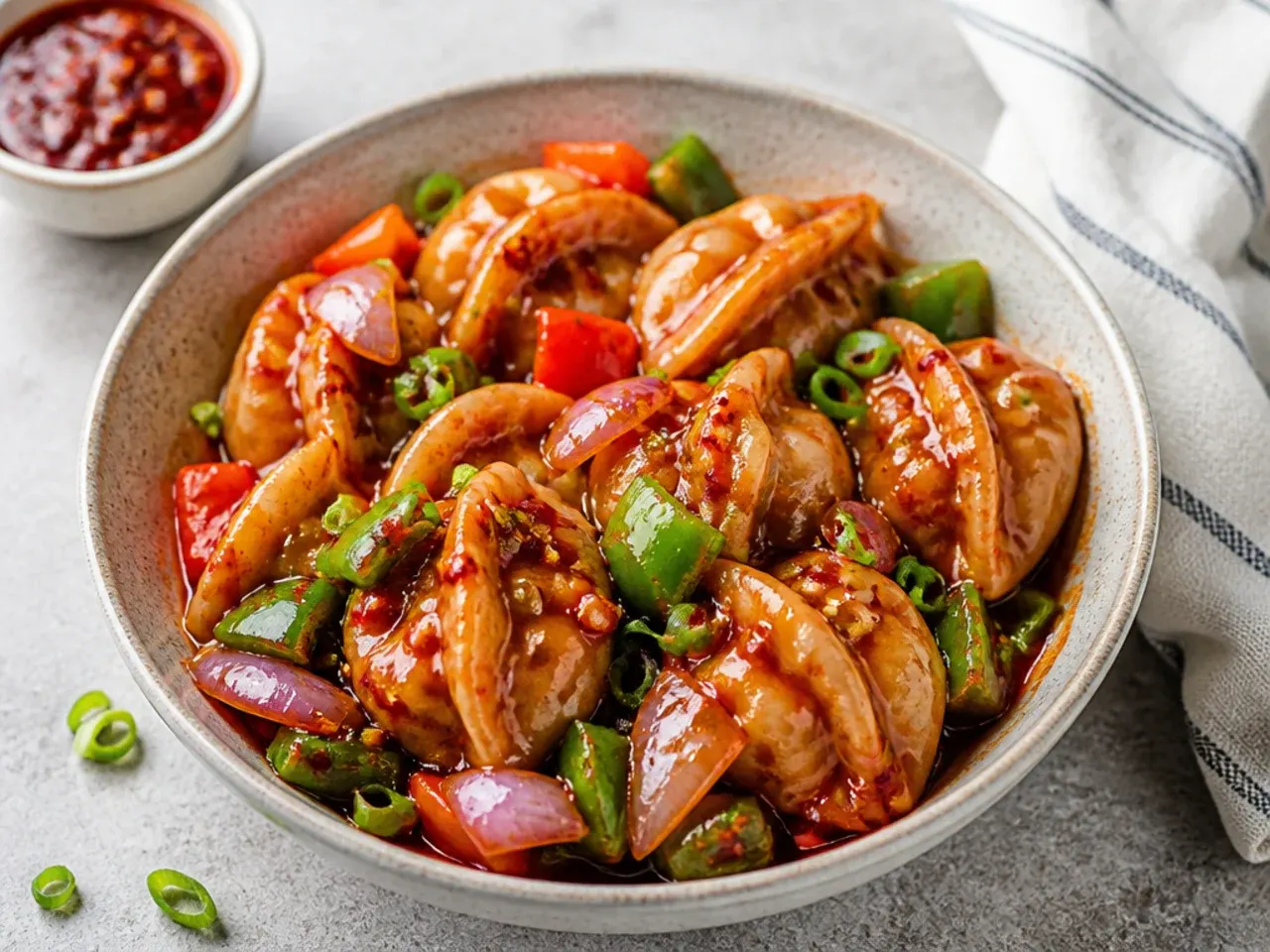 Chilli momos tossed in Indo-Chinese sauce with peppers and onions