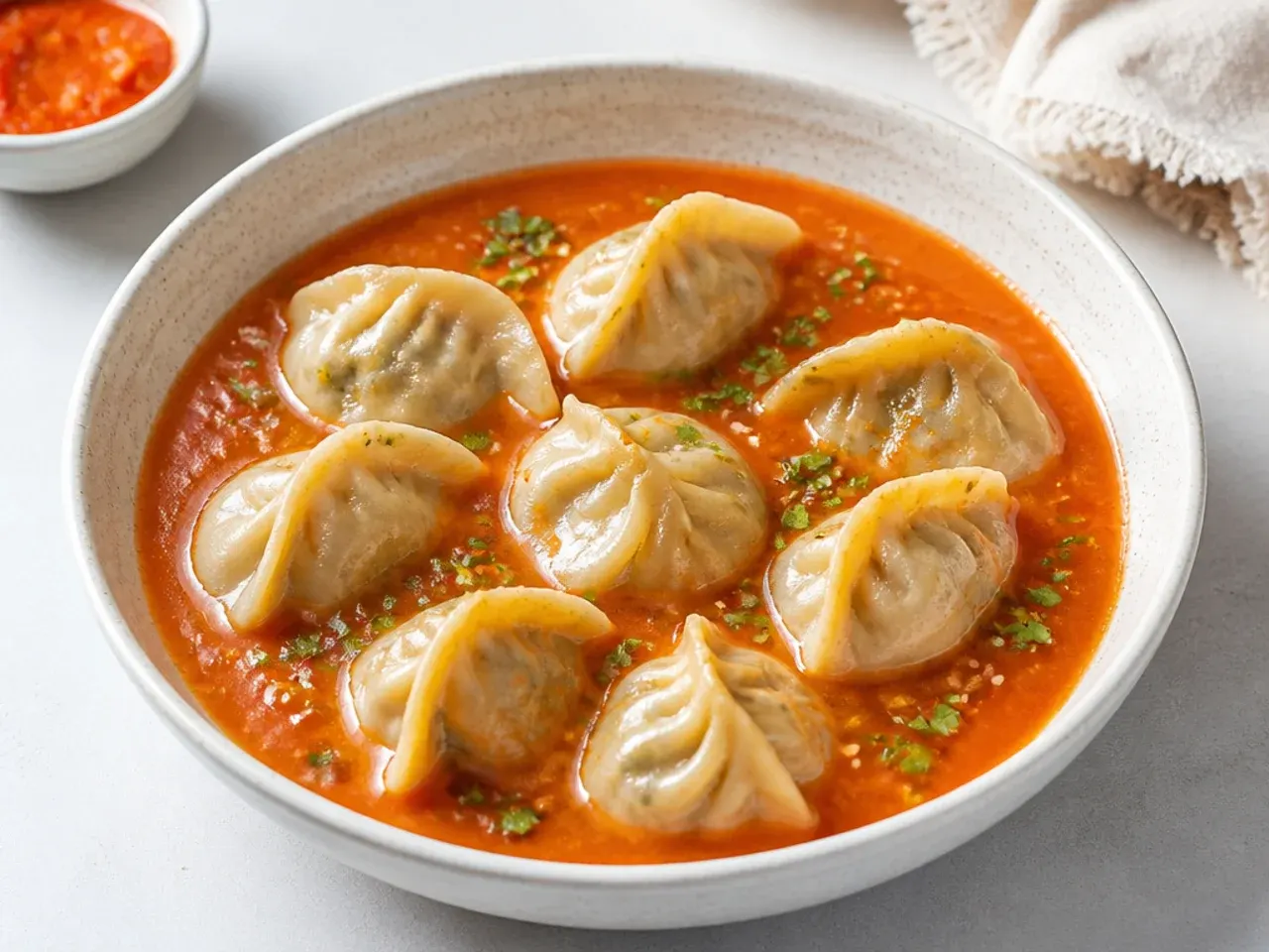 Nepali jhol momo in tangy tomato sesame sauce