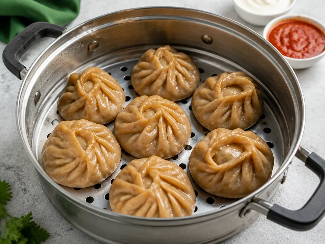 Wholemeal atta momos steamed dumplings in a metal steamer