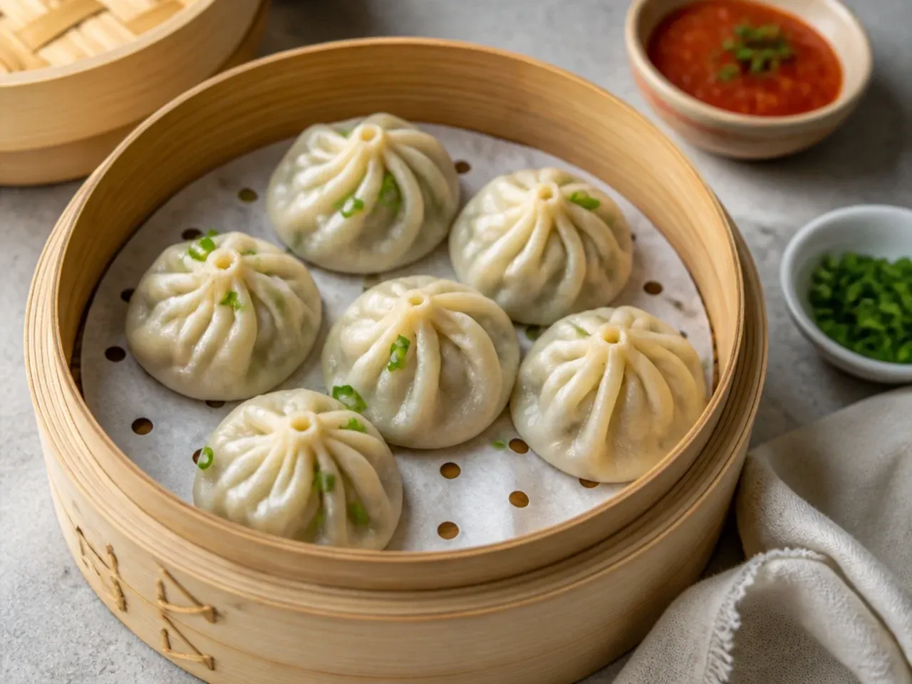 Vegan mushroom and tofu momos in a steamer basket