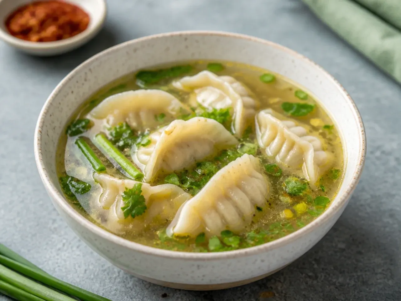 Mokthuk momo soup in clear broth with spring onions