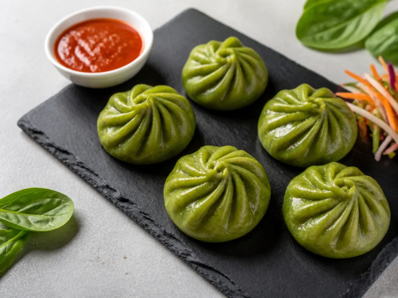 Green spinach dough momos on a slate serving board