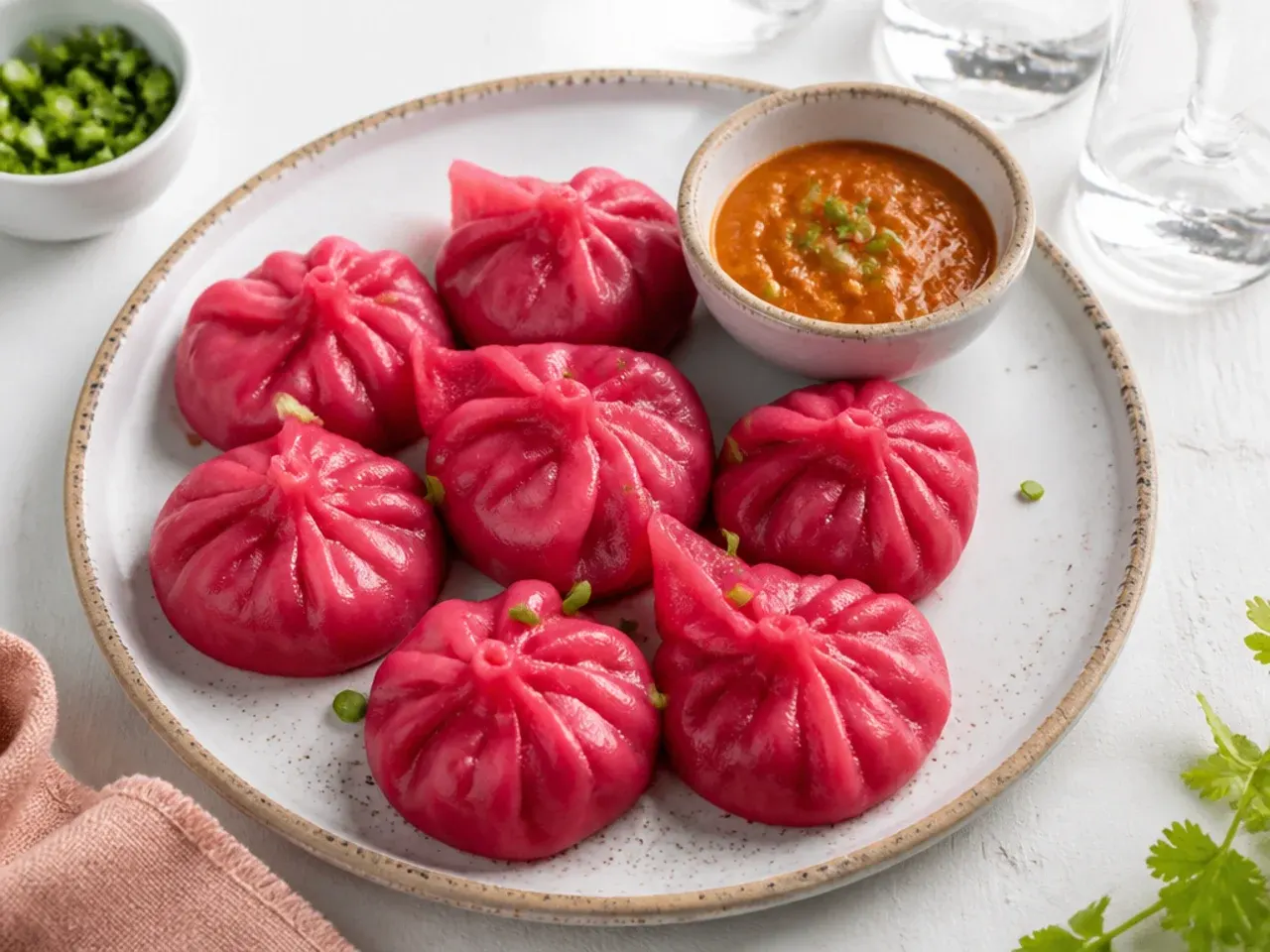 Pink beetroot momos on a festive party platter