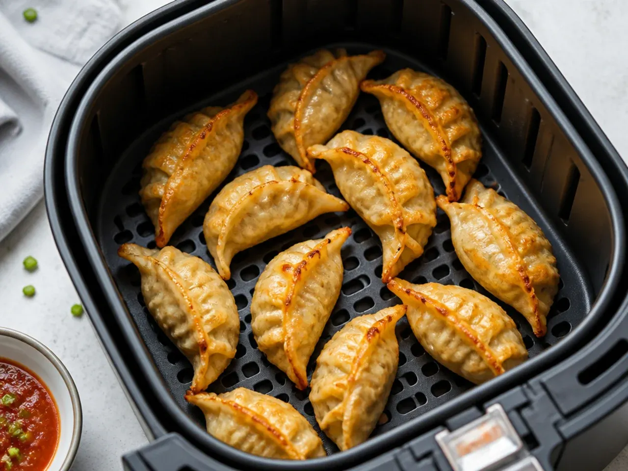Golden crispy air fryer momos in an air fryer basket