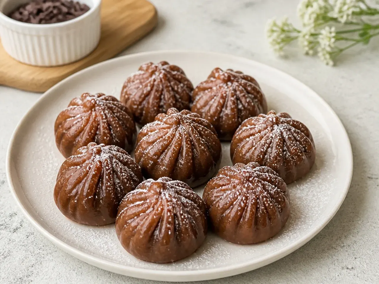 Chocolate dessert momos dusted with icing sugar