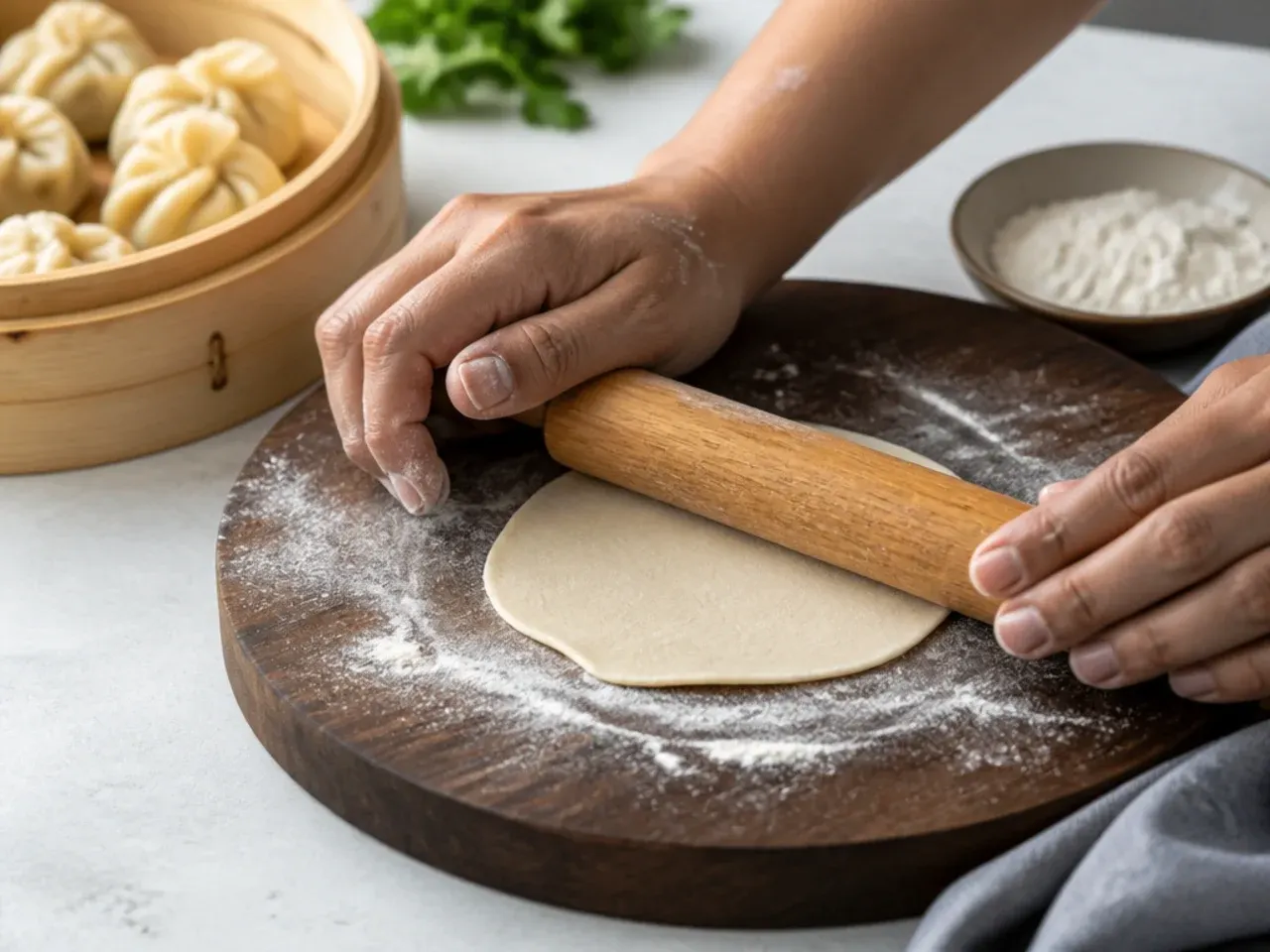 Rolling thin momo wrappers by hand with a small rolling pin