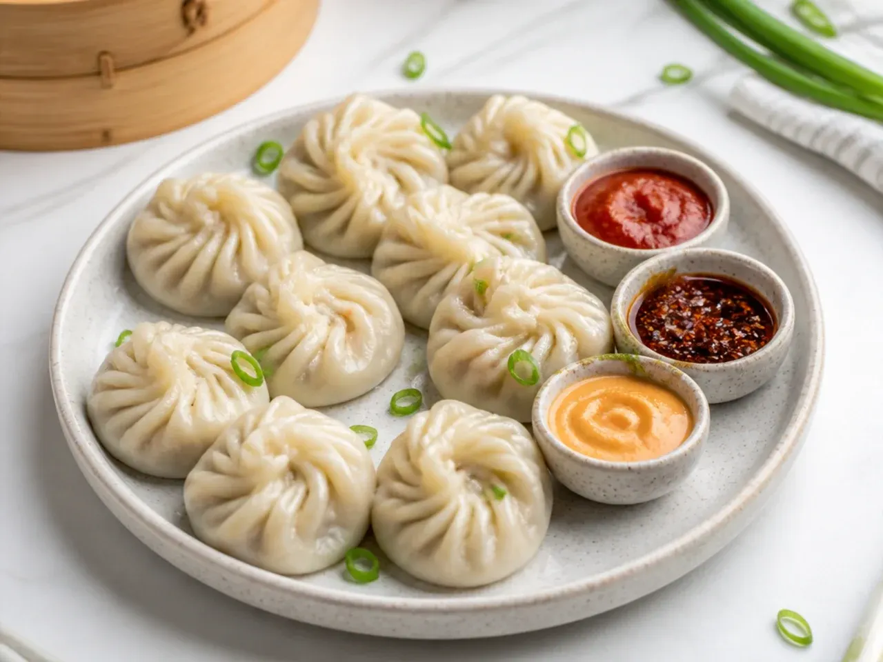 Steamed momos served with chutney, chilli oil and spicy mayo dips