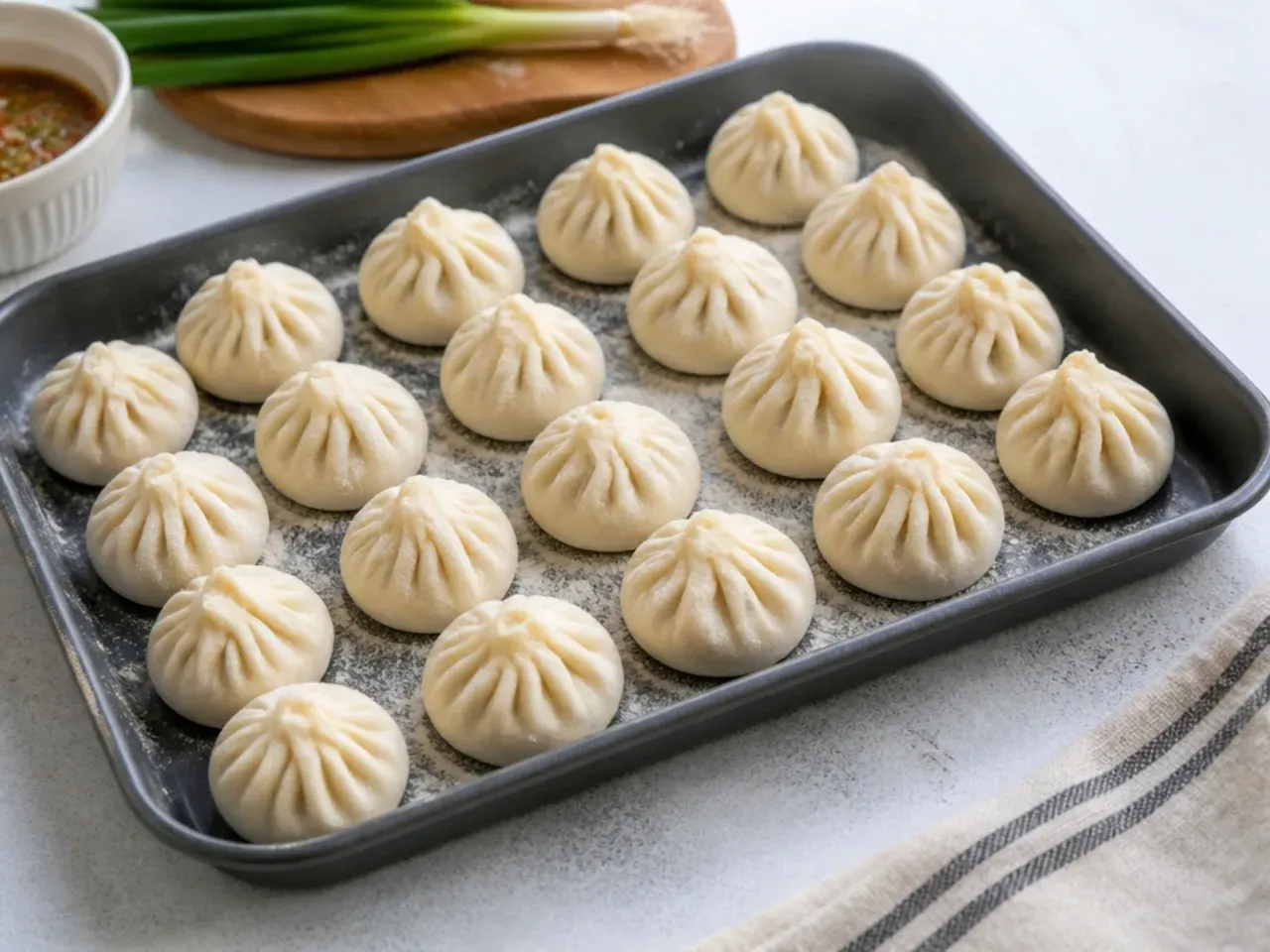 Frozen uncooked momos arranged on a floured tray for storage