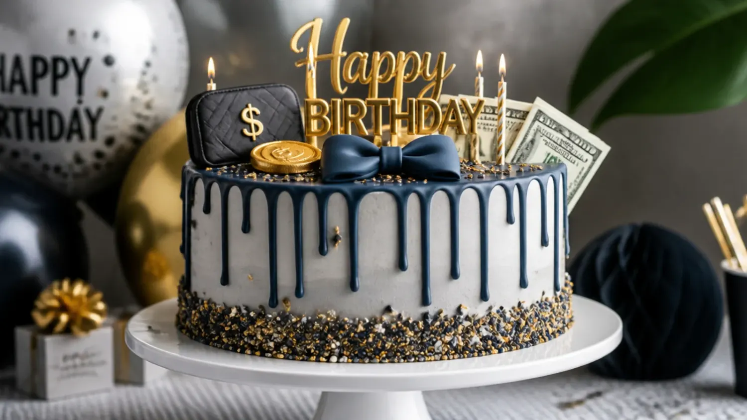 A chocolate stout money cake decorated with a garland of folded banknotes for a man's birthday