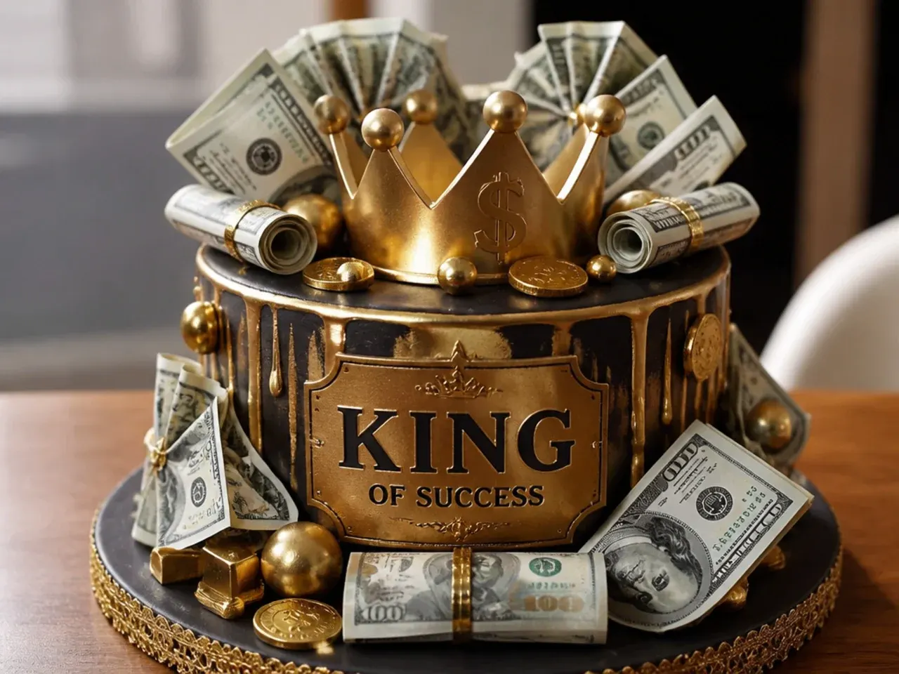 Overhead view of a decorated money cake surrounded by folded banknotes and baking tools