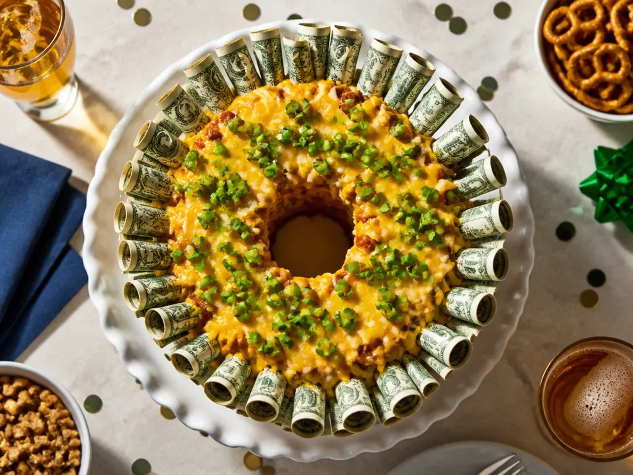 Round cake wrapped in a garland of folded banknotes threaded onto ribbon