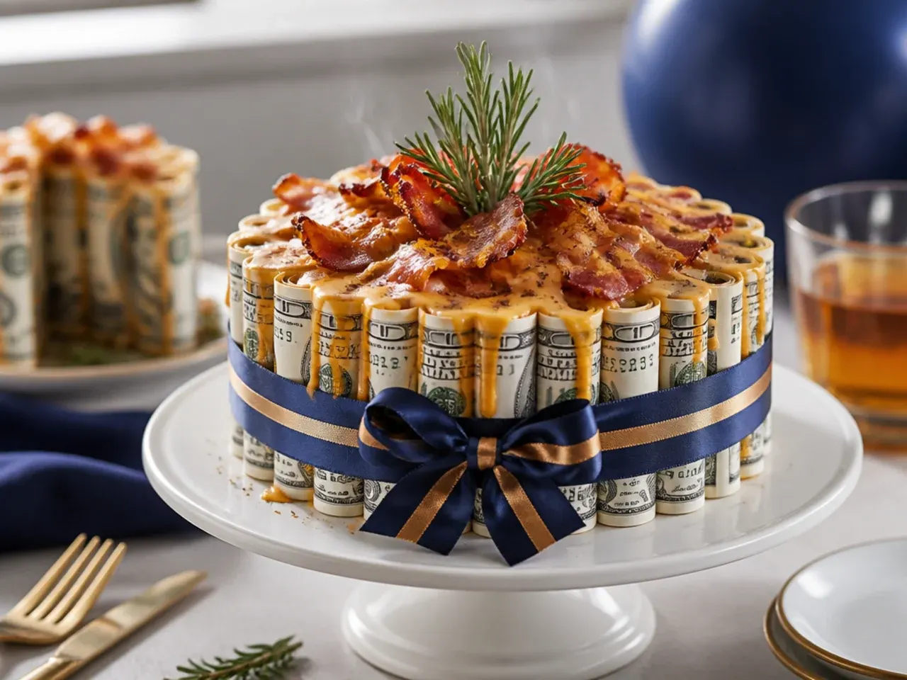 Rolled banknotes standing upright around the edge of an iced cake
