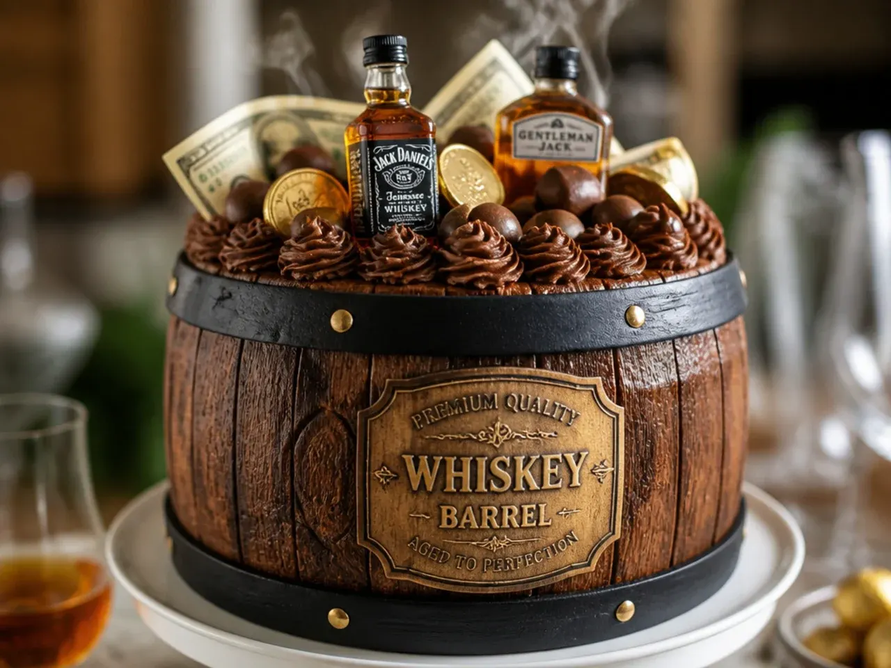 Cake carved and iced to look like a wooden whiskey barrel with rolled banknote bands