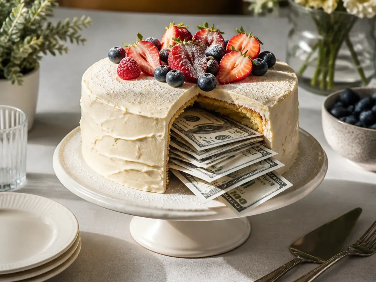 Small edible envelopes holding folded banknotes propped against a plain iced cake